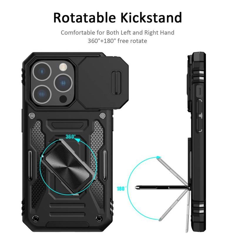 Military-Grade Shockproof Phone Case with Sliding Camera Shield & 360° Ring Stand